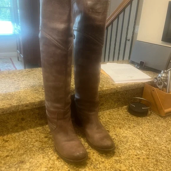 Frye Jane over the knee or cuffed leather boots brown size 8 Made in Mexico - Picture 3 of 14